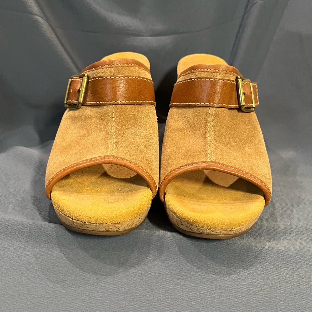 Clarks Elements Harwich Keel Platform Sandals Leather Cork 4” Wedge Brown Suede - Picture 5 of 12